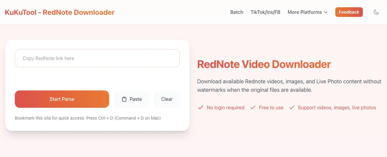 KuKuTool Rednote downloader showing the post link input and support for videos, photos, and Live Photo posts